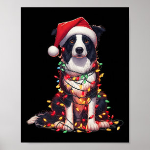 Border Collie Dog Christmas Lights Santa Hat Dog L Poster
