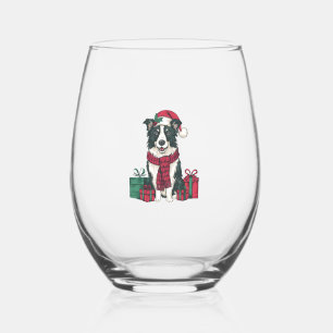 Border Collie Dog Christmas Parties Holiday Santa  Stemless Wine Glass