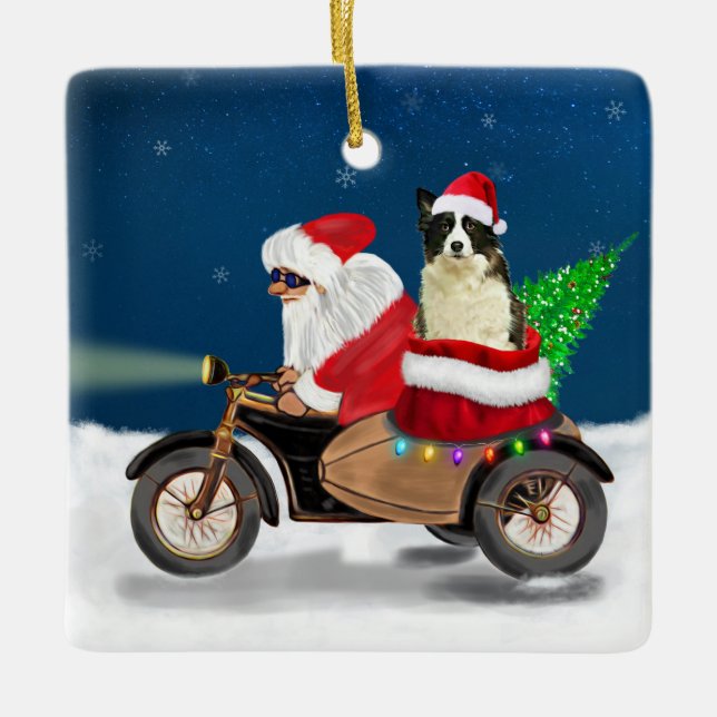 Border Collie Dog Christmas Santa Claus  Ceramic Ornament (Front)