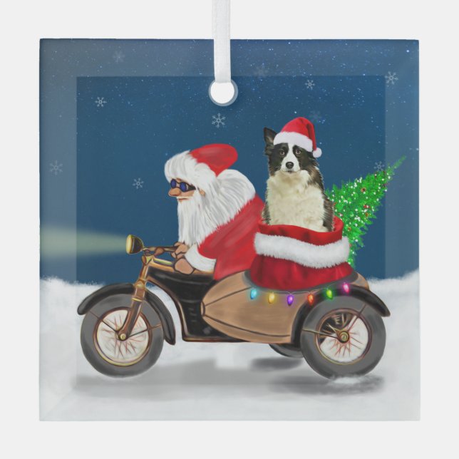 Border Collie Dog Christmas Santa Claus  Glass Tree Decoration (Front)