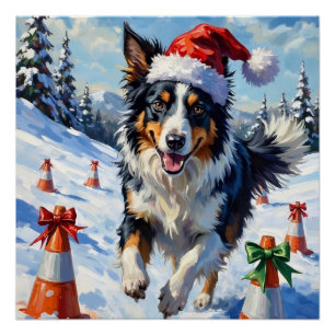 Border Collie Dog Christmas Snow Agility Fun Poster