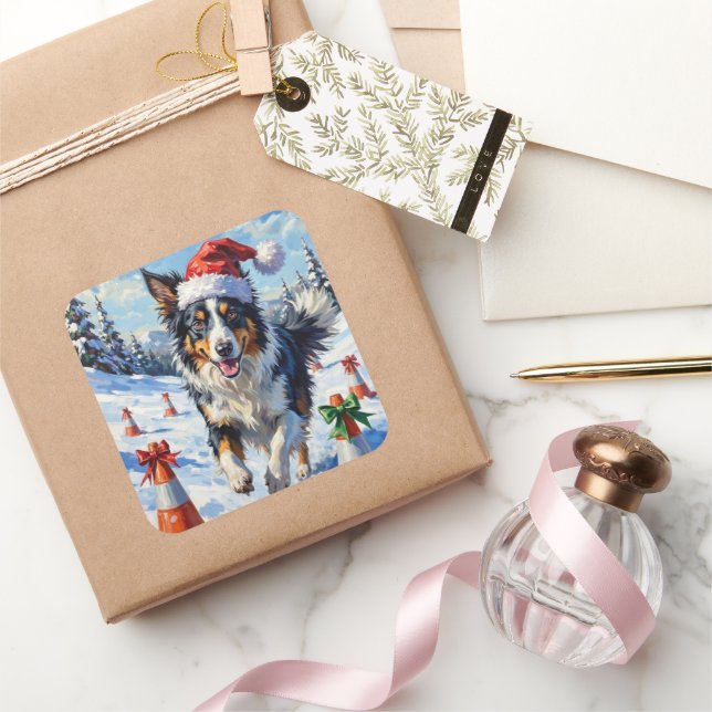 Border Collie Dog Christmas Snow Agility Fun Square Sticker (Gifting)