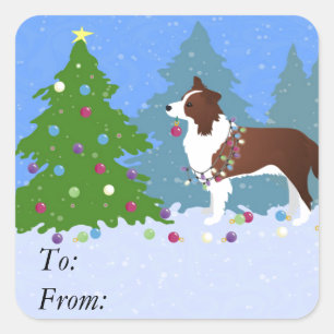 Border Collie Dog Decorating Christmas Tree Square Sticker