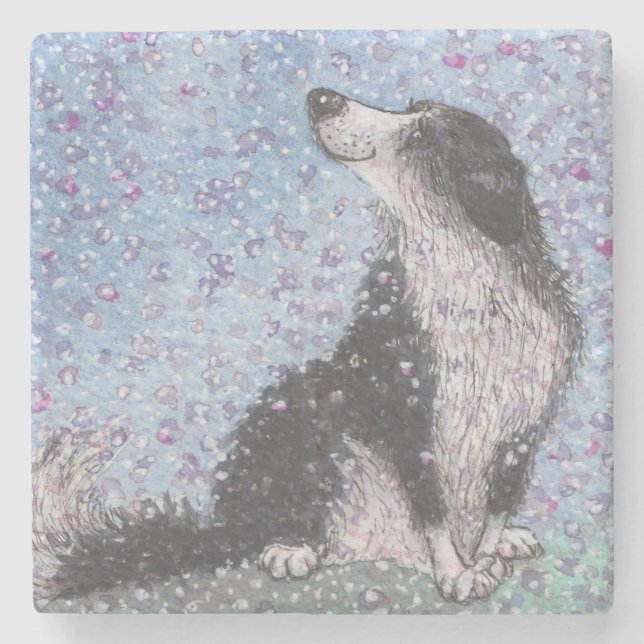 Border Collie Dog, Dreaming of Blossom Time Stone Coaster (Front)