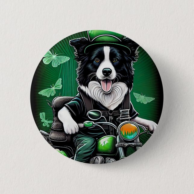 Border Collie Dog Driving Bike St. Patrick's Day 6 Cm Round Badge (Front)