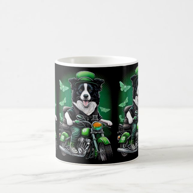 Border Collie Dog Driving Bike St. Patrick's Day Coffee Mug (Center)