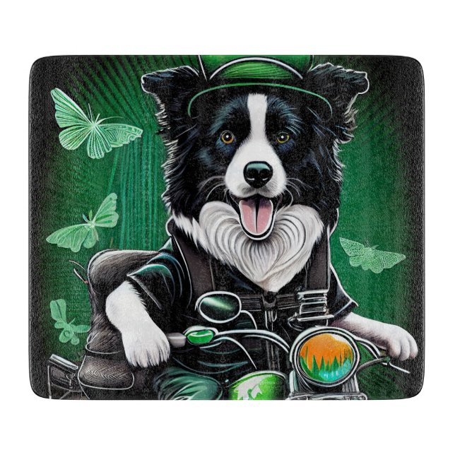 Border Collie Dog Driving Bike St. Patrick's Day  Cutting Board (Front)