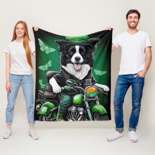 Border Collie Dog Driving Bike St. Patrick's Day Fleece Blanket