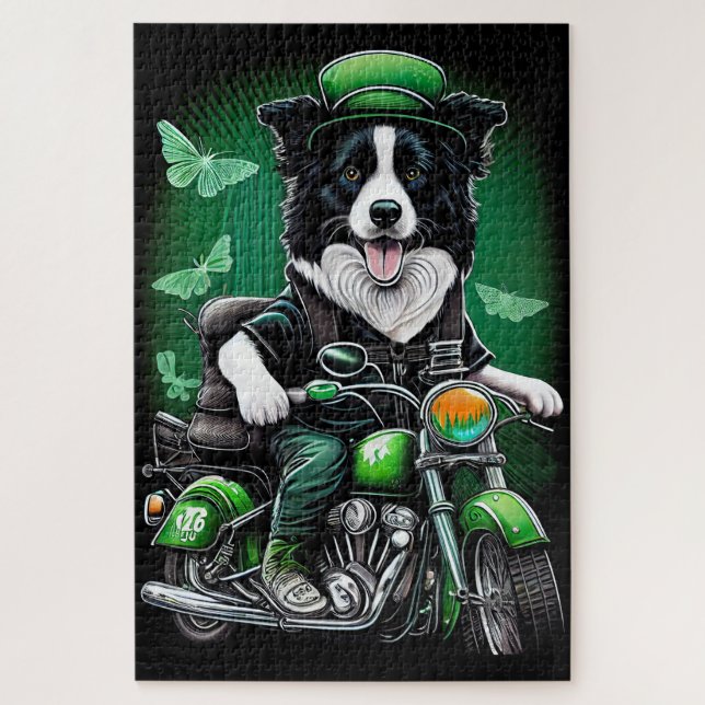 Border Collie Dog Driving Bike St. Patrick's Day Jigsaw Puzzle (Vertical)