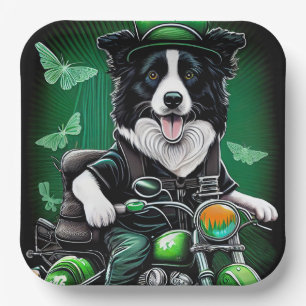 Border Collie Dog Driving Bike St. Patrick's Day Paper Plate