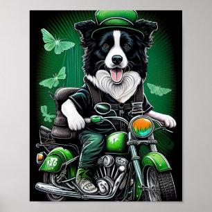 Border Collie Dog Driving Bike St. Patrick's Day Poster