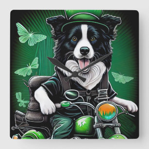 Border Collie Dog Driving Bike St. Patrick's Day Square Wall Clock