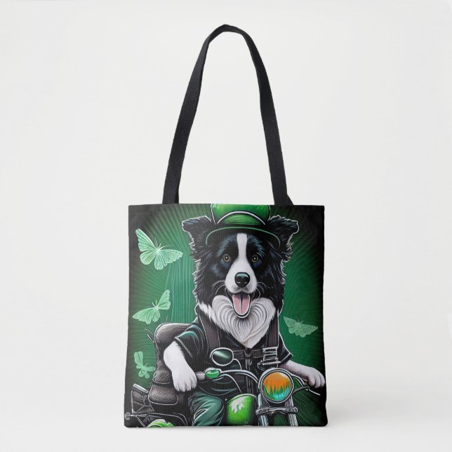 Border Collie Dog Driving Bike St. Patrick's Day Tote Bag (Front)
