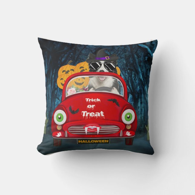 Border Collie Dog Driving Car Scary Halloween Cushion (Front)