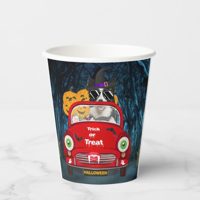 Border Collie Dog Driving Car Scary Halloween Paper Cups (Front)