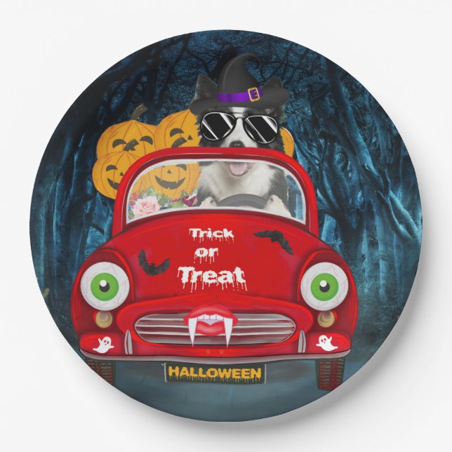 Border Collie Dog Driving Car Scary Halloween  Paper Plate (Front)