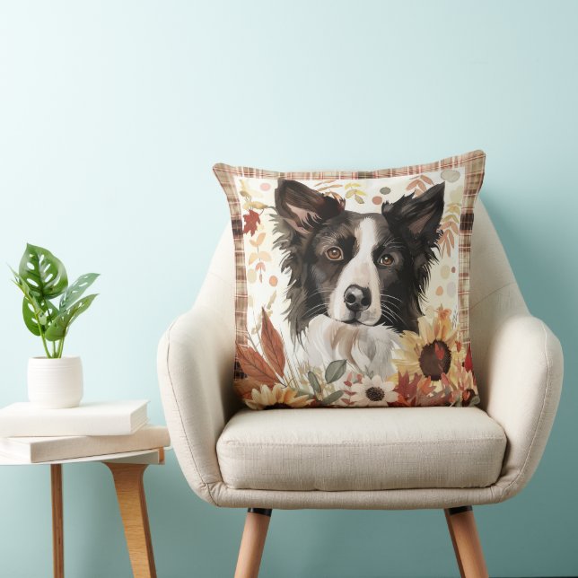 Border Collie Dog Fall Watercolor Flowers Cushion (Chair)