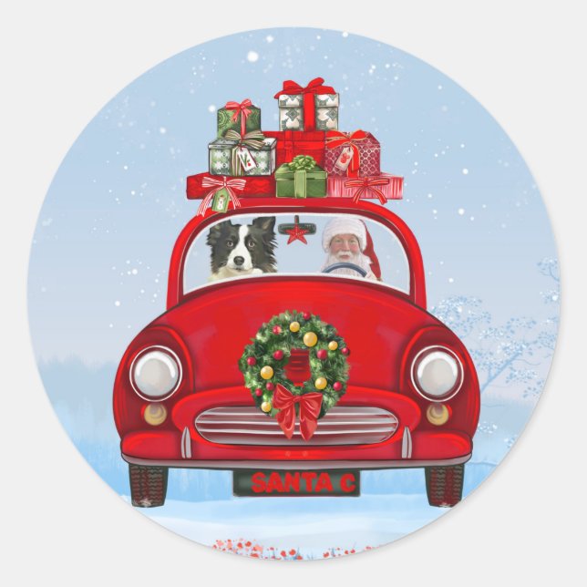 Border Collie Dog In Car With Santa Claus  Classic Round Sticker (Front)