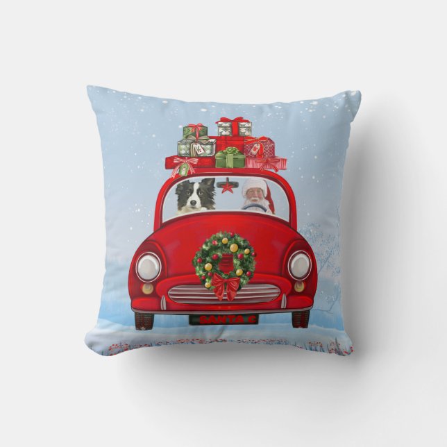 Border Collie Dog In Car With Santa Claus  Cushion (Front)