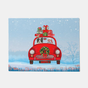 Border Collie Dog In Car With Santa Claus Doormat