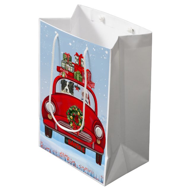 Border Collie Dog In Car With Santa Claus Medium Gift Bag (Front Angled)