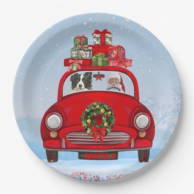 Border Collie Dog In Car With Santa Claus   Paper Plate (Front)