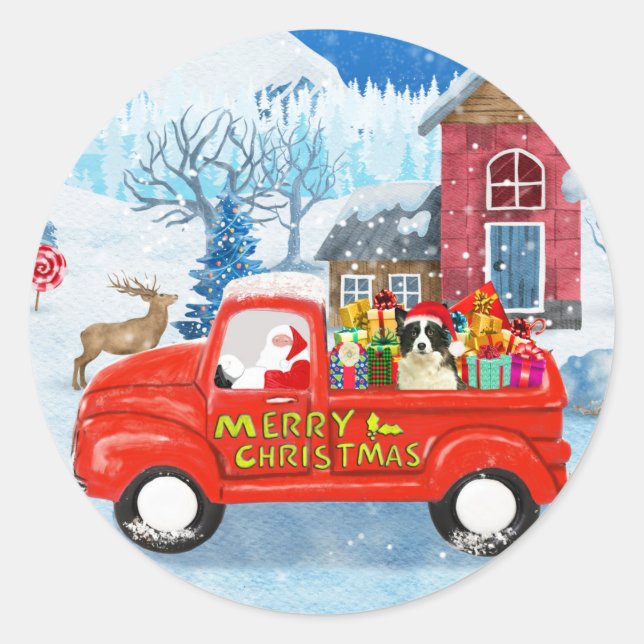 Border Collie Dog in Christmas Delivery Truck Snow Classic Round Sticker (Front)