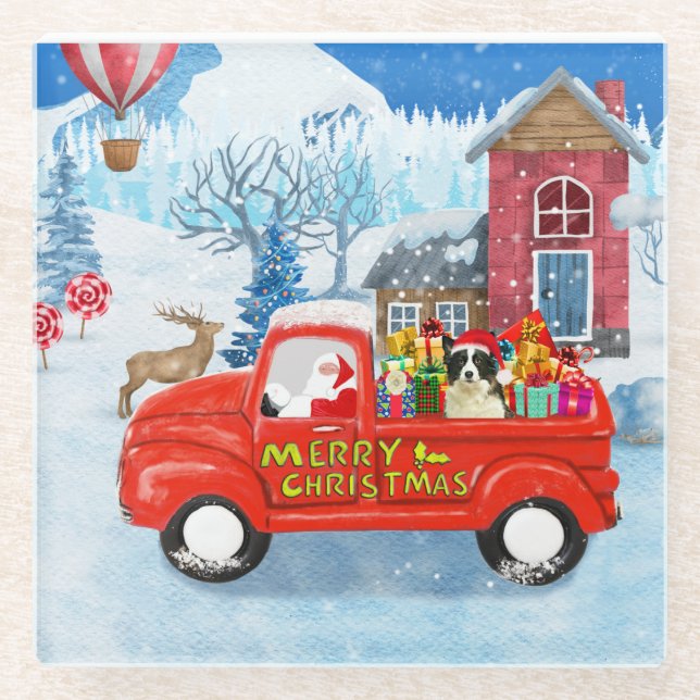 Border Collie Dog in Christmas Delivery Truck Snow Glass Coaster (Front)