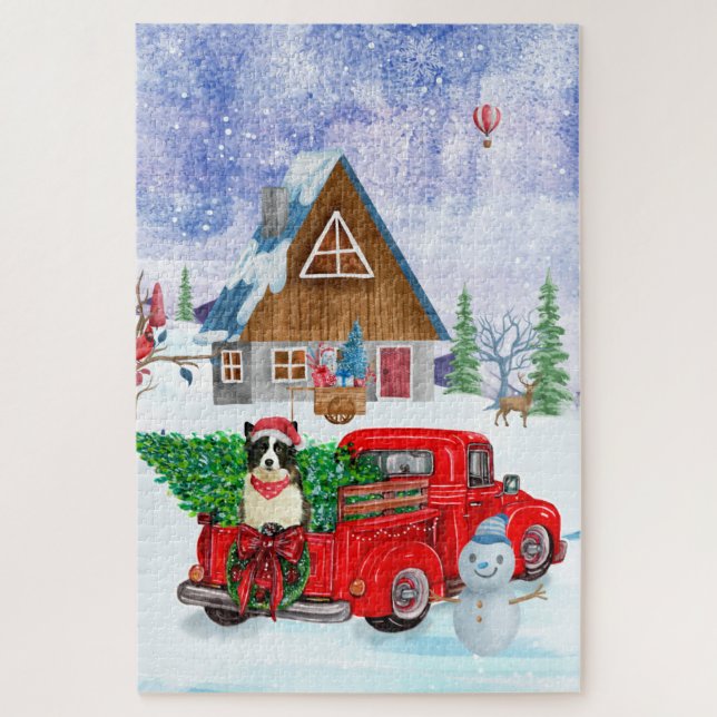 Border Collie dog In Christmas Delivery Truck Snow Jigsaw Puzzle (Vertical)