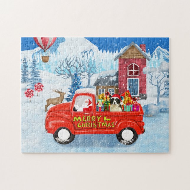 Border Collie Dog in Christmas Delivery Truck Snow Jigsaw Puzzle (Horizontal)