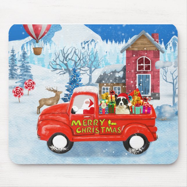 Border Collie Dog in Christmas Delivery Truck Snow Mouse Mat (Front)