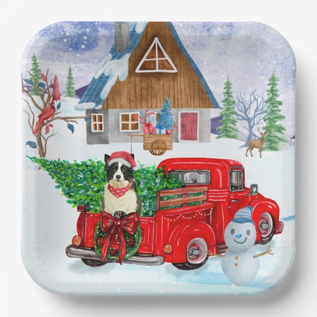 Border Collie dog In Christmas Delivery Truck Snow Paper Plate (Front)