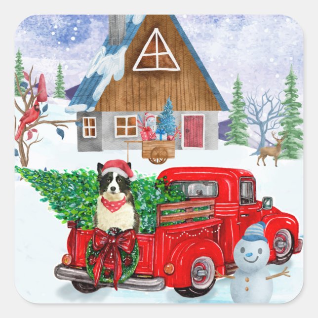 Border Collie dog In Christmas Delivery Truck Snow Square Sticker (Front)