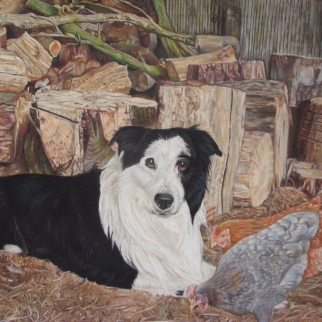 border collie dog in log shed with chickens jigsaw puzzle (Creator Uploaded)