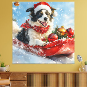 Border Collie Dog in Sledge Let it Snow Christmas  Canvas Print
