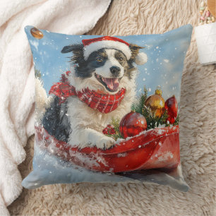Border Collie Dog in Sledge Let it Snow Christmas  Cushion
