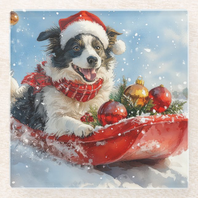 Border Collie Dog in Sledge Let it Snow Christmas  Glass Coaster (Front)