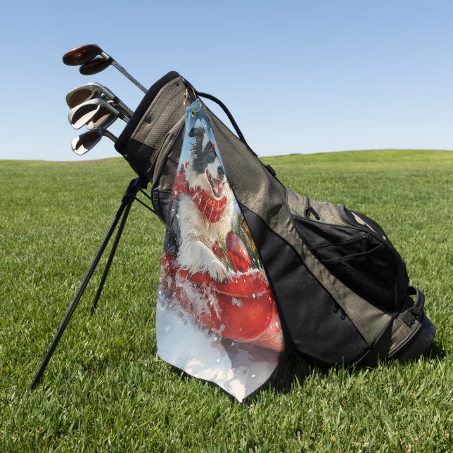 Border Collie Dog in Sledge Let it Snow Christmas  Golf Towel (Green)