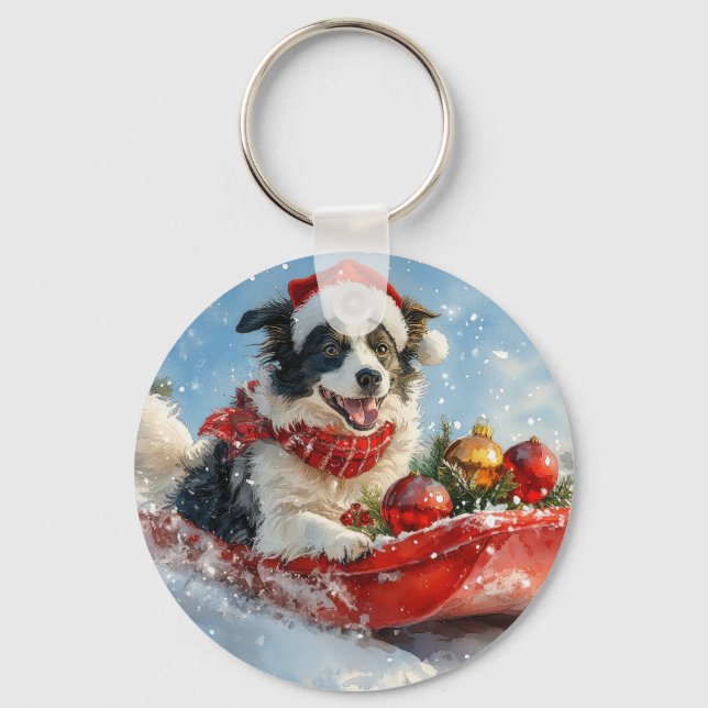 Border Collie Dog in Sledge Let it Snow Christmas  Key Ring (Front)