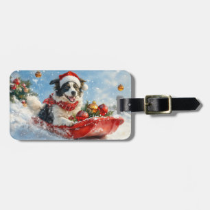 Border Collie Dog in Sledge Let it Snow Christmas Luggage Tag
