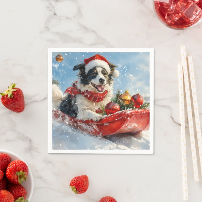 Border Collie Dog in Sledge Let it Snow Christmas  Napkin (Insitu)