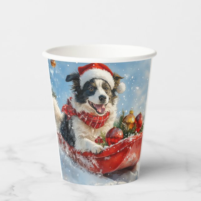 Border Collie Dog in Sledge Let it Snow Christmas  Paper Cups (Front)