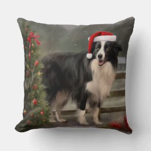 Border Collie Dog in Snow Christmas Cushion