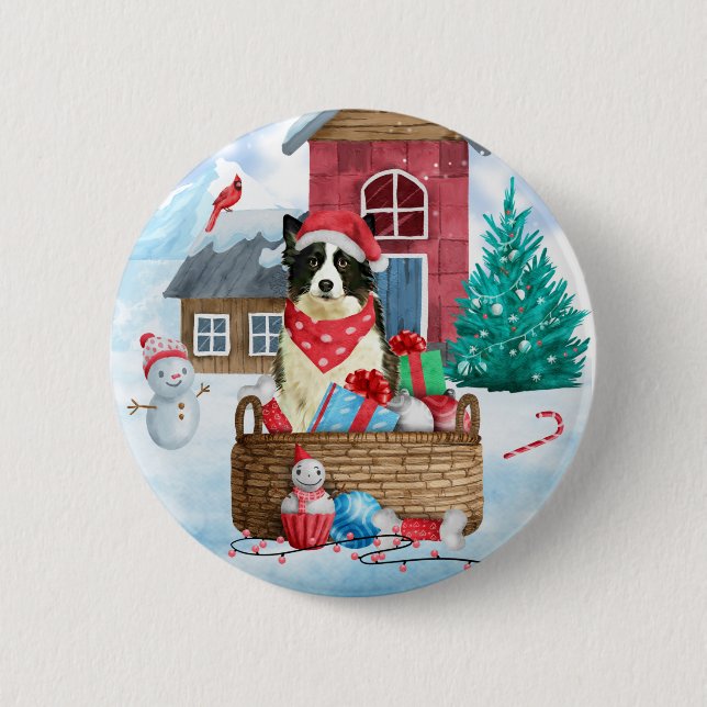 Border Collie Dog In snow Christmas Dog House 6 Cm Round Badge (Front)