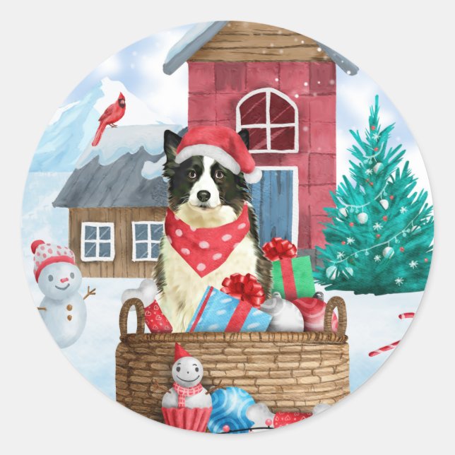 Border Collie Dog In snow Christmas Dog House Classic Round Sticker (Front)