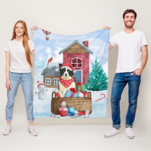 Border Collie Dog In snow Christmas Dog House Fleece Blanket