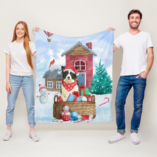 Border Collie Dog In snow Christmas Dog House Fleece Blanket (In Situ)