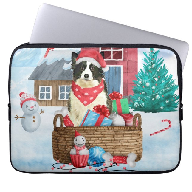 Border Collie Dog In snow Christmas Dog House Laptop Sleeve (Front)