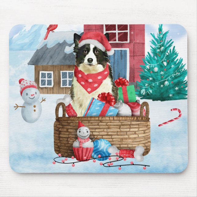 Border Collie Dog In snow Christmas Dog House Mouse Mat (Front)
