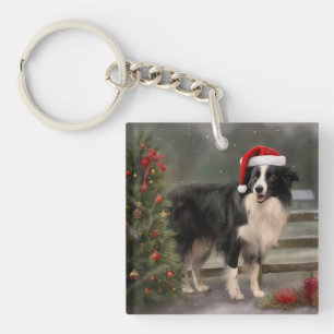 Border Collie Dog in Snow Christmas Key Ring